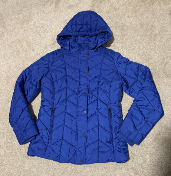 St Johns Bay Womens Jacket Coat Insulated Quilted Blue Removable Hood, Sz M - Picture 1 of 12
